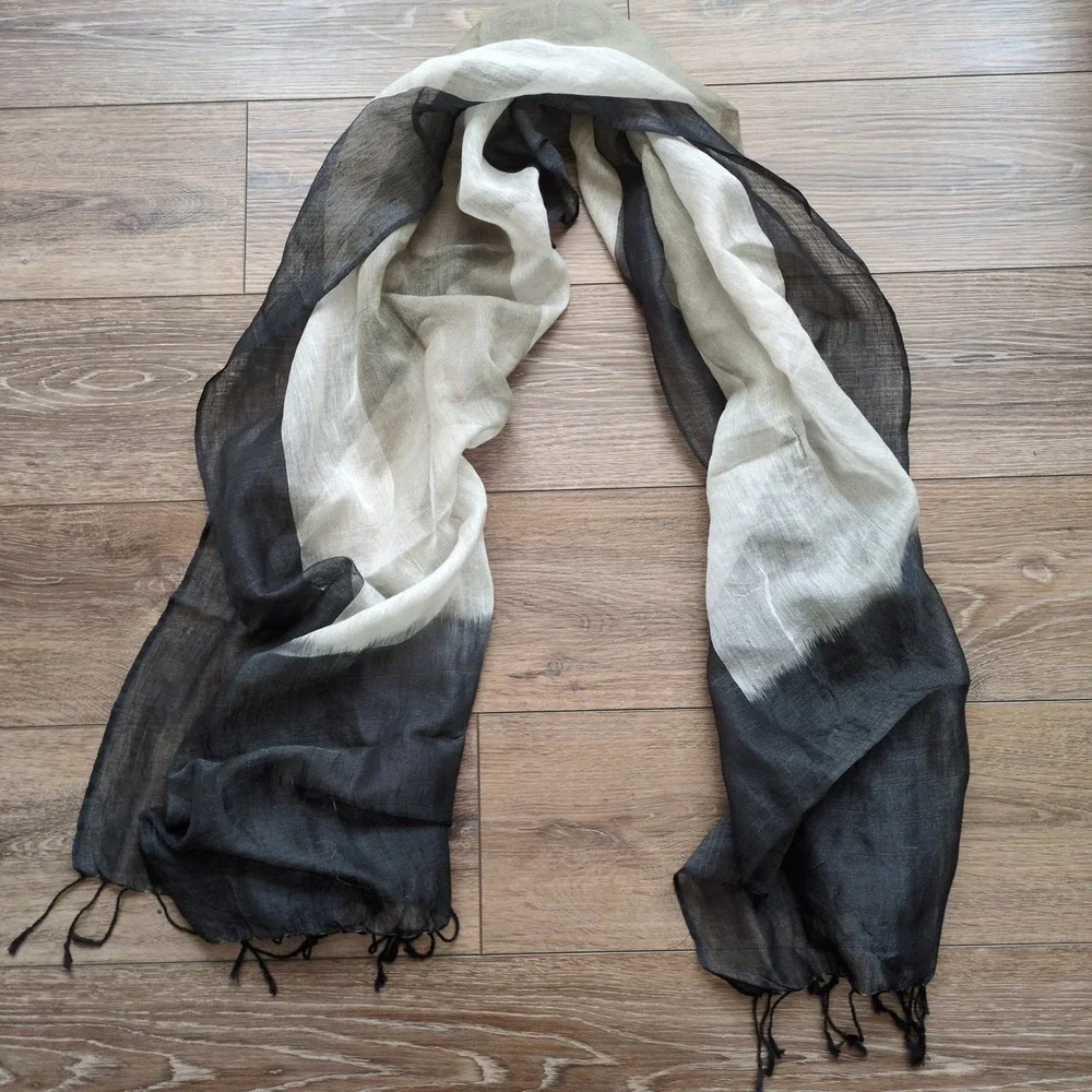 Cejon Lightweight Fringed Scarf Black White Cotton Silk Colorblock‎ Large